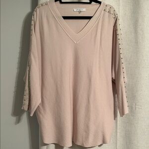 Light Beige V-Neck Sweater with Studded Sleeves